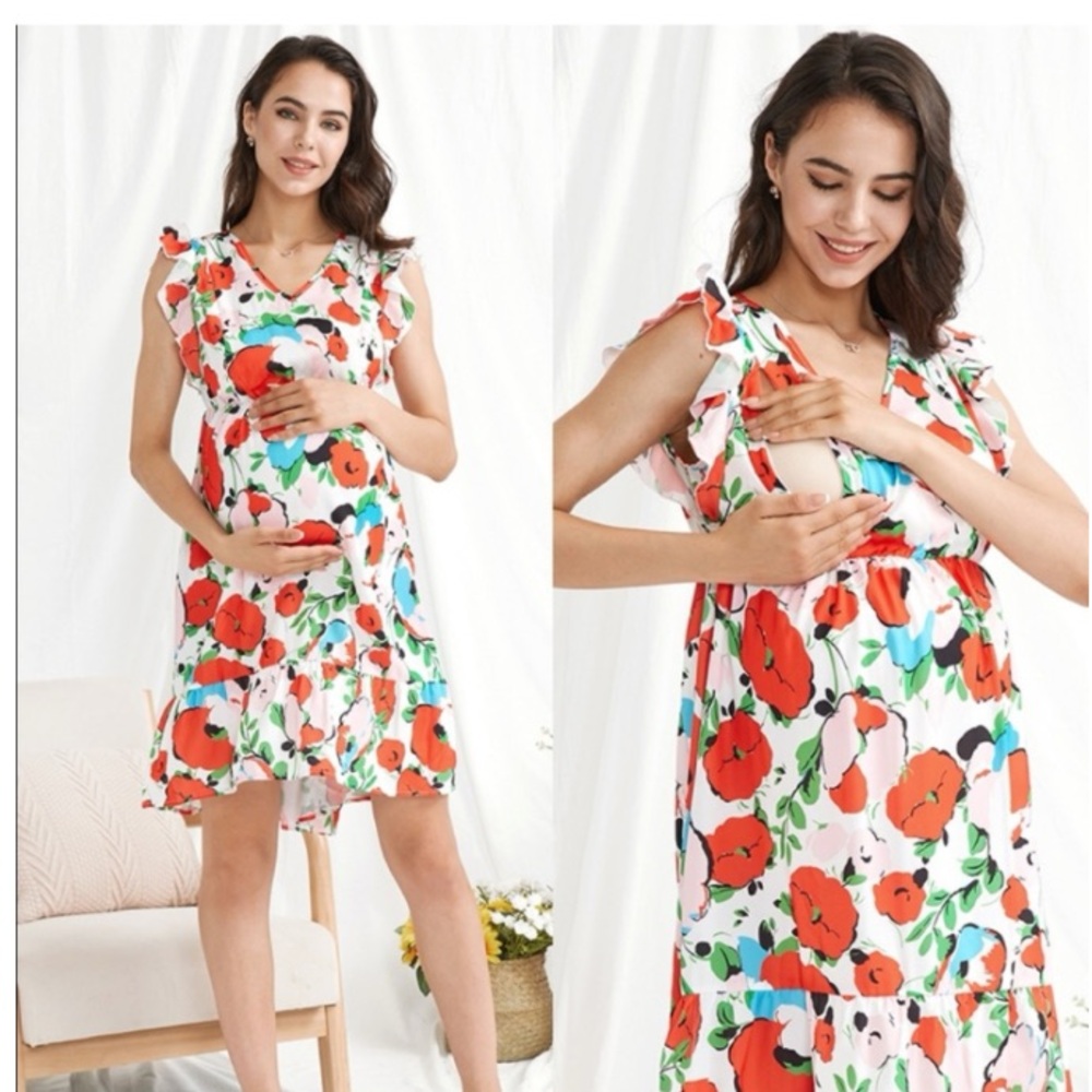 Maternity Poppy Ruffle Cap sleeves Nursing Dress Size Medium - Picture 3 of 13
